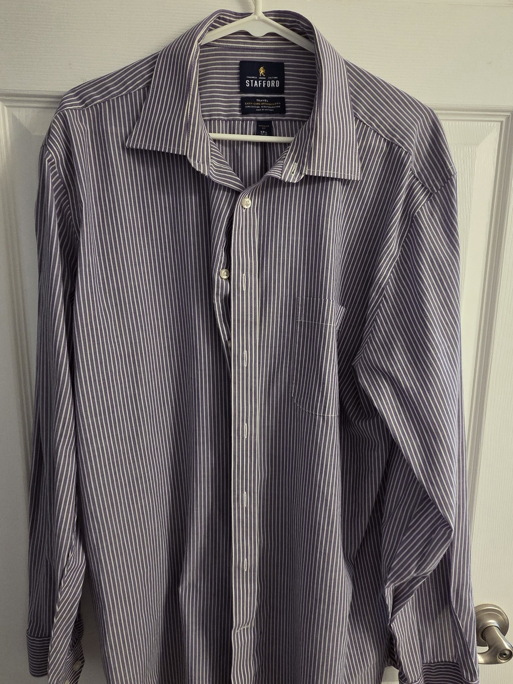 Stafford Men's Purple & White Striped Dress Shirt - Classic Spread Collar